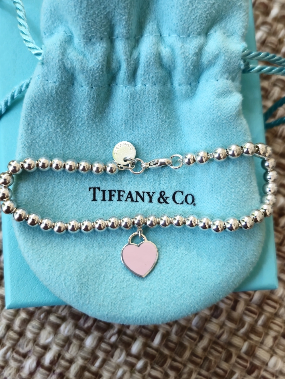 Tiffany & Co RTT Mini Pink Heart Tag Bead Bracelet